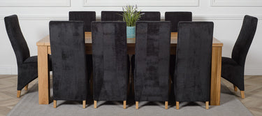 Dakota Extra Large Oak Dining Table with 10 Lola Black Fabric Chairs
