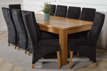 Dakota Extra Large Oak Dining Table with 10 Lola Black Fabric Chairs