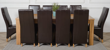 Dakota Extra Large Oak Dining Table with 10 Lola Brown Leather Chairs