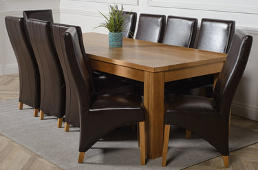 Dakota Extra Large Oak Dining Table with 10 Lola Brown Leather Chairs