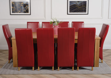 Dakota Extra Large Oak Dining Table with 10 Lola Burgundy Leather Chairs