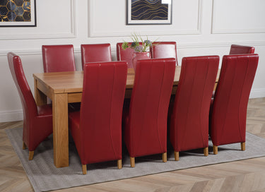 Dakota Extra Large Oak Dining Table with 10 Lola Burgundy Leather Chairs