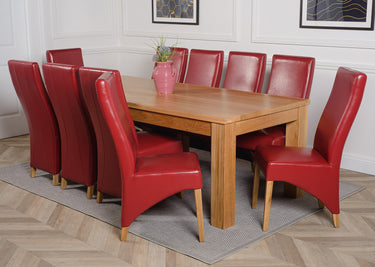 Dakota Extra Large Oak Dining Table with 10 Lola Burgundy Leather Chairs
