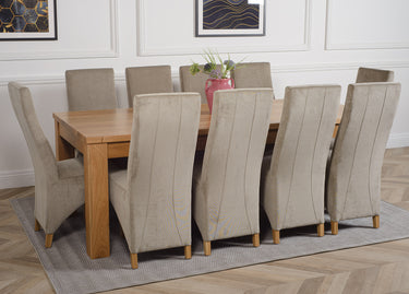 Dakota Extra Large Oak Dining Table with 10 Lola Grey Fabric Chairs