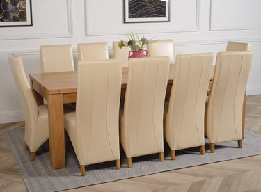 Dakota Extra Large Oak Dining Table with 10 Lola Ivory Leather Chairs