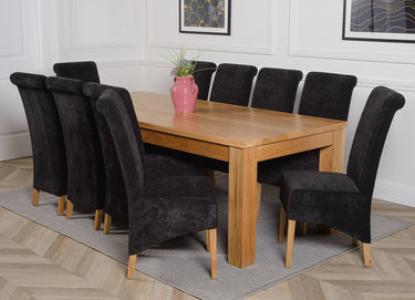 Dakota Extra Large Oak Dining Table with 10 Montana Black Fabric Chairs