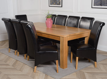 Dakota Extra Large Oak Dining Table with 10 Montana Black Leather Chairs