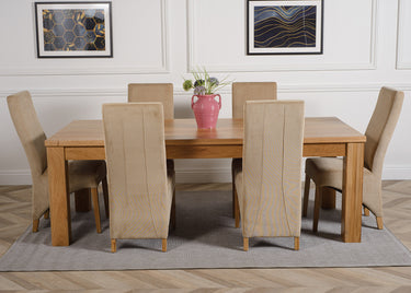 Dakota Extra Large Oak Dining Table with 6 Lola Beige Fabric Chairs