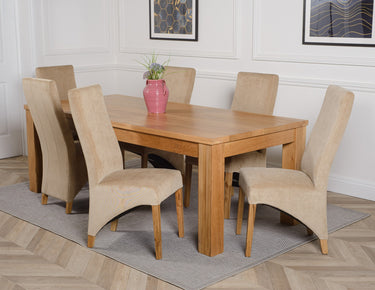 Dakota Extra Large Oak Dining Table with 6 Lola Beige Fabric Chairs