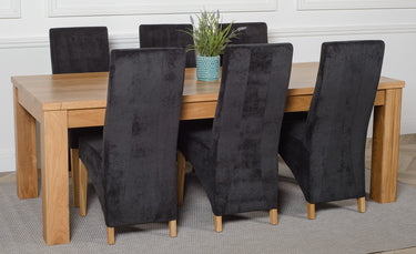 Dakota Extra Large Oak Dining Table with 6 Lola Black Fabric Chairs
