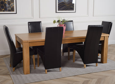 Dakota Extra Large Oak Dining Table with 6 Lola Black Leather Chairs