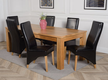 Dakota Extra Large Oak Dining Table with 6 Lola Black Leather Chairs