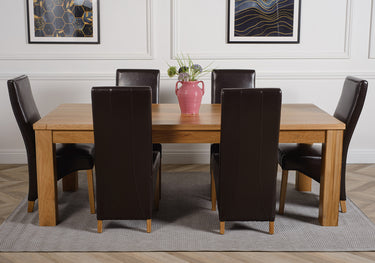 Dakota Extra Large Oak Dining Table with 6 Lola Brown Leather Chairs