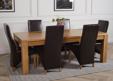 Dakota Extra Large Oak Dining Table with 6 Lola Brown Leather Chairs