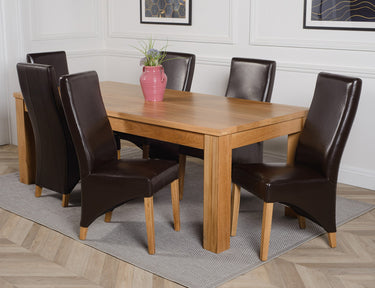 Dakota Extra Large Oak Dining Table with 6 Lola Brown Leather Chairs