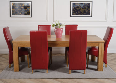 Dakota Extra Large Oak Dining Table with 6 Lola Burgundy Leather Chairs