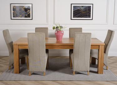 Dakota Extra Large Oak Dining Table with 6 Lola Grey Fabric Chairs