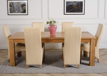 Dakota Extra Large Oak Dining Table with 6 Lola Ivory Leather Chairs