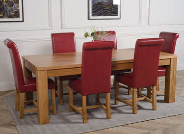 Dakota Extra Large Oak Dining Table with 6 Washington Burgundy Leather Chairs