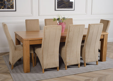 Dakota Extra Large Oak Dining Table with 8 Lola Beige Fabric Chairs
