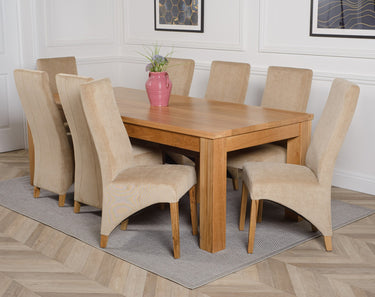 Dakota Extra Large Oak Dining Table with 8 Lola Beige Fabric Chairs