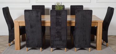 Dakota Extra Large Oak Dining Table with 8 Lola Black Fabric Chairs