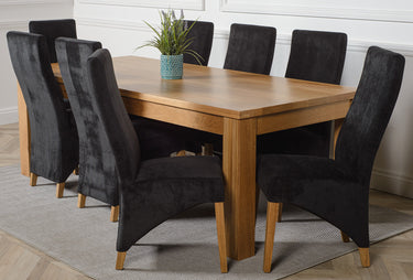 Dakota Extra Large Oak Dining Table with 8 Lola Black Fabric Chairs