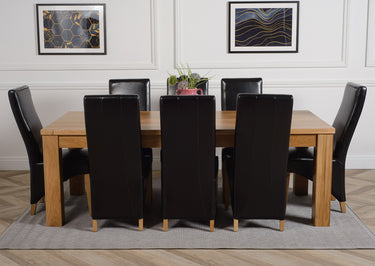 Dakota Extra Large Oak Dining Table with 8 Lola Black Leather Chairs