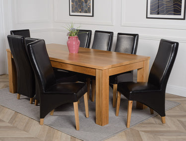 Dakota Extra Large Oak Dining Table with 8 Lola Black Leather Chairs