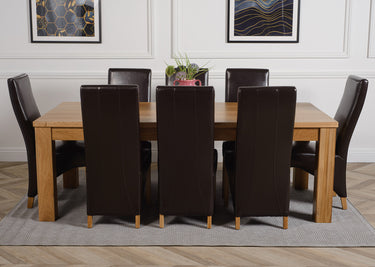 Dakota Extra Large Oak Dining Table with 8 Lola Brown Leather Chairs