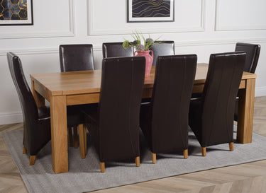 Dakota Extra Large Oak Dining Table with 8 Lola Brown Leather Chairs