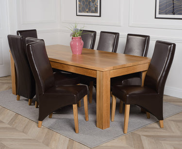 Dakota Extra Large Oak Dining Table with 8 Lola Brown Leather Chairs