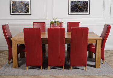 Dakota Extra Large Oak Dining Table with 8 Lola Burgundy Leather Chairs