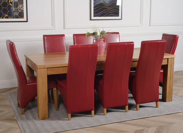 Dakota Extra Large Oak Dining Table with 8 Lola Burgundy Leather Chairs
