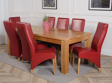 Dakota Extra Large Oak Dining Table with 8 Lola Burgundy Leather Chairs