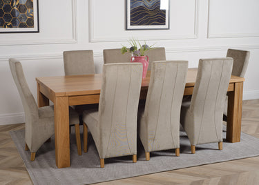 Dakota Extra Large Oak Dining Table with 8 Lola Grey Fabric Chairs