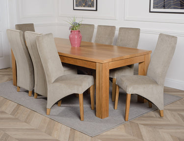 Dakota Extra Large Oak Dining Table with 8 Lola Grey Fabric Chairs