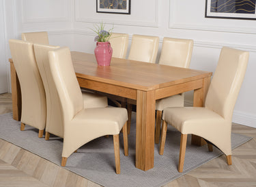Dakota Extra Large Oak Dining Table with 8 Lola Ivory Leather Chairs