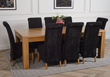 Dakota Extra Large Oak Dining Table with 8 Montana Black Fabric Chairs