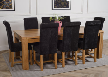 Dakota Extra Large Oak Dining Table with 8 Washington Black Fabric Chairs