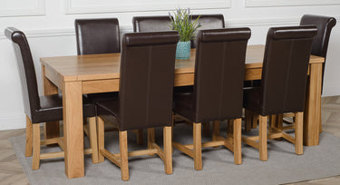 Dakota Extra Large Oak Dining Table with 8 Washington Brown Leather Chairs
