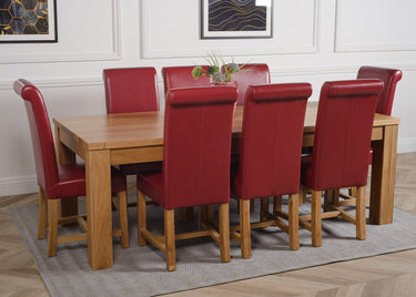 Dakota Extra Large Oak Dining Table with 8 Washington Burgundy Leather Chairs