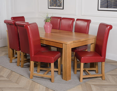 Dakota Extra Large Oak Dining Table with 8 Washington Burgundy Leather Chairs