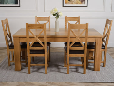 Dakota Large Oak Dining Table with 6 Berkeley Oak & Brown Leather Chairs