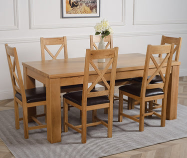 Dakota Large Oak Dining Table with 6 Berkeley Oak & Brown Leather Chairs