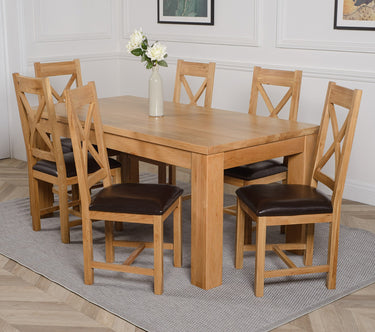 Dakota Large Oak Dining Table with 6 Berkeley Oak & Brown Leather Chairs