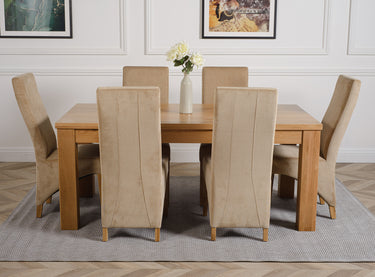 Dakota Large Oak Dining Table with 6 Lola Beige Fabric Chairs