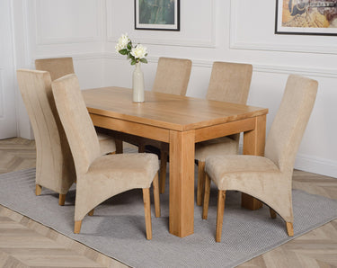 Dakota Large Oak Dining Table with 6 Lola Beige Fabric Chairs