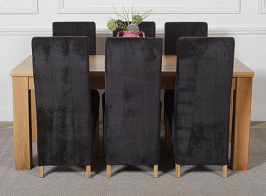 Dakota Large Oak Dining Table with 6 Lola Black Fabric Chairs