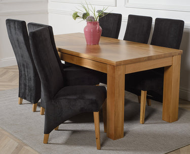 Dakota Large Oak Dining Table with 6 Lola Black Fabric Chairs